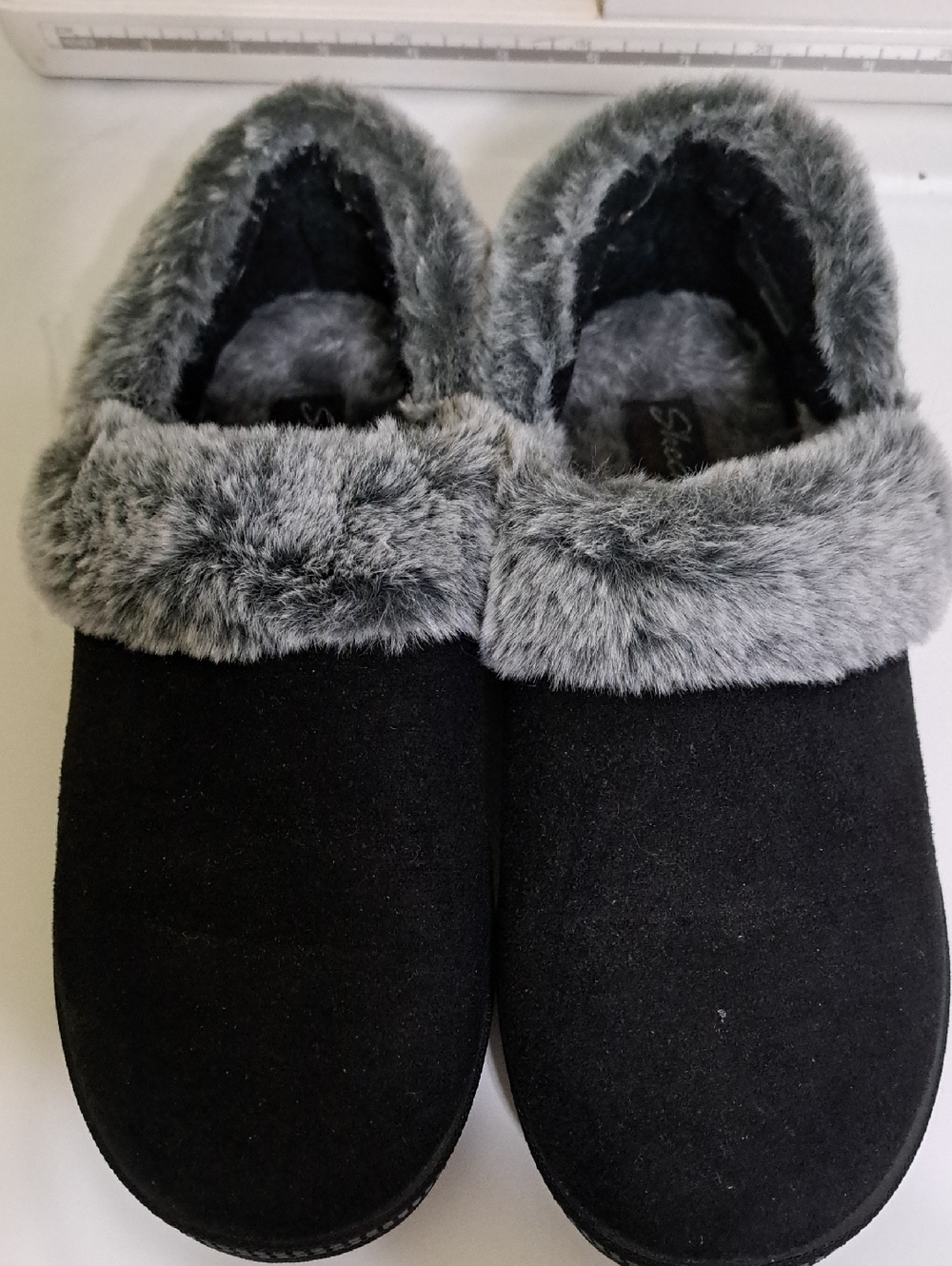 Skechers Women's Black Slip-On Slippers with Gray Faux Fur Trim